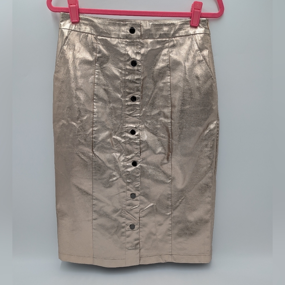 English Factory Metallic Faux Leather Pencil Skirt Modern High Waist Chic M